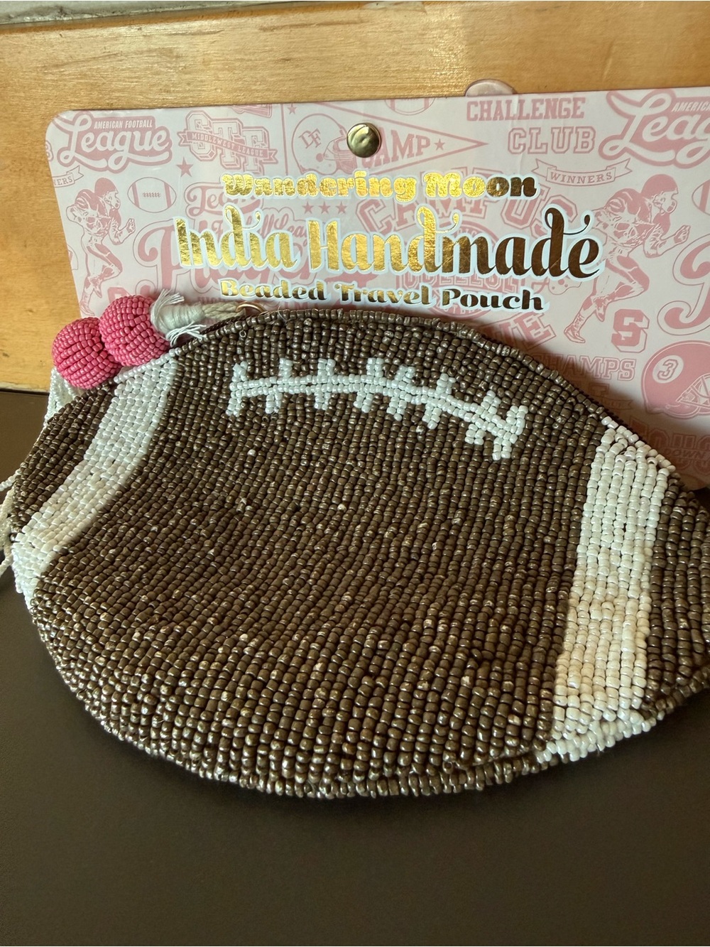 Beaded Mini Pouch - Brown Football Design